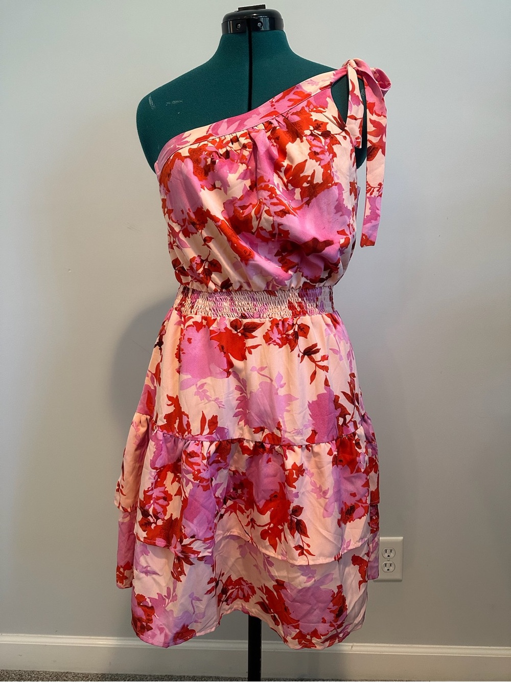 One-Shoulder Pink & Red Floral Sundress